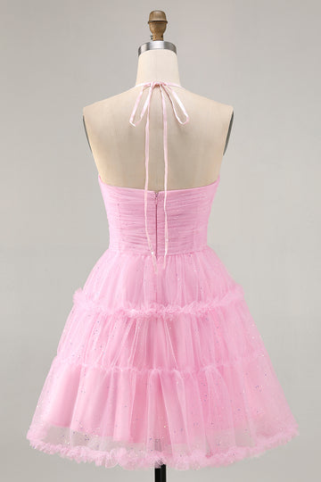 Glitter Halter A-Line Cut-Out Pink Homecoming Dress